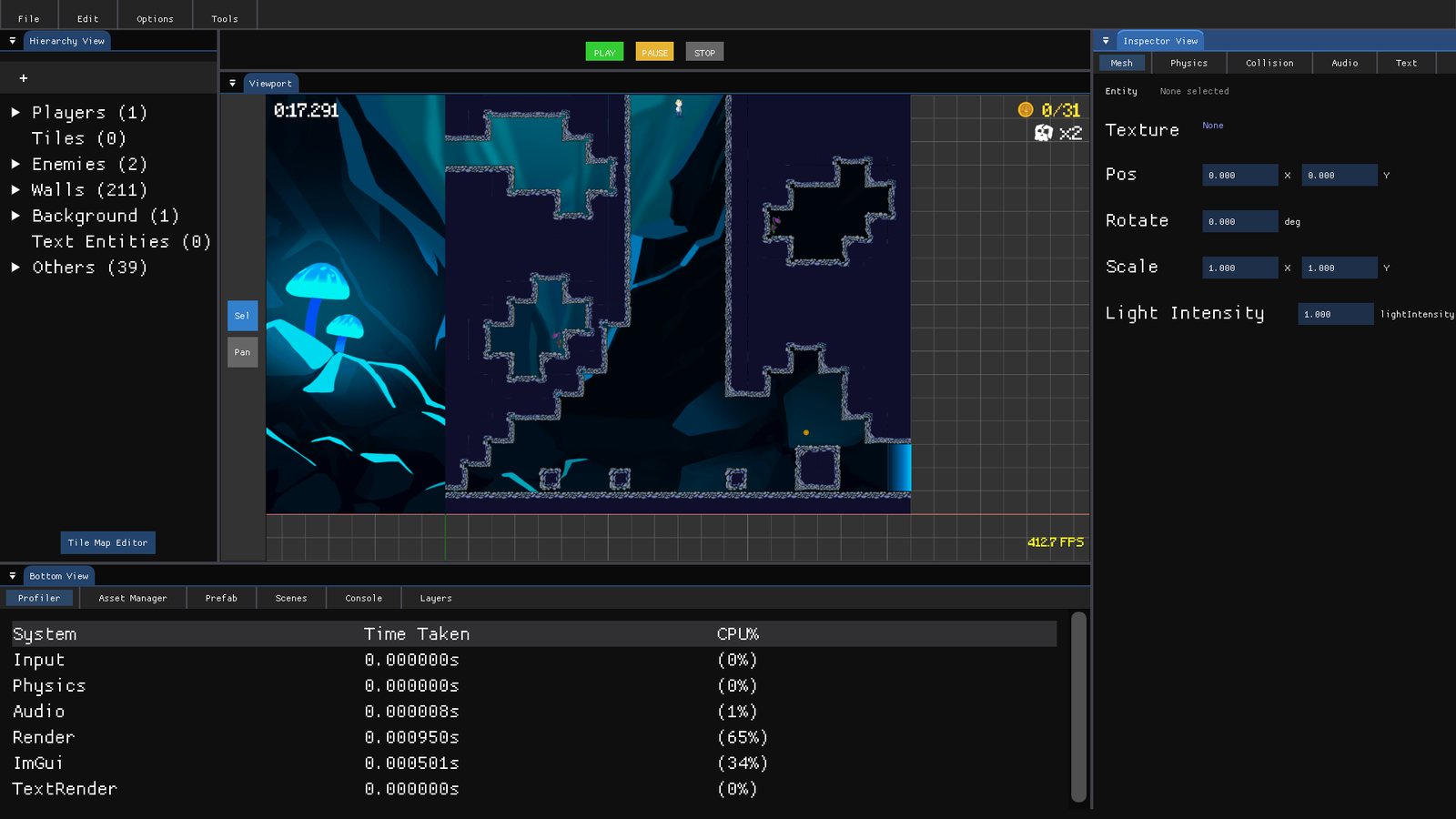 The dreamEngine editor: a hierarchy view of the level's players, enemies and walls on the left, the level running in the viewport, an inspector on the right, and the profiler along the bottom listing each engine system's time and CPU share, with Render at 65% and ImGui at 34%