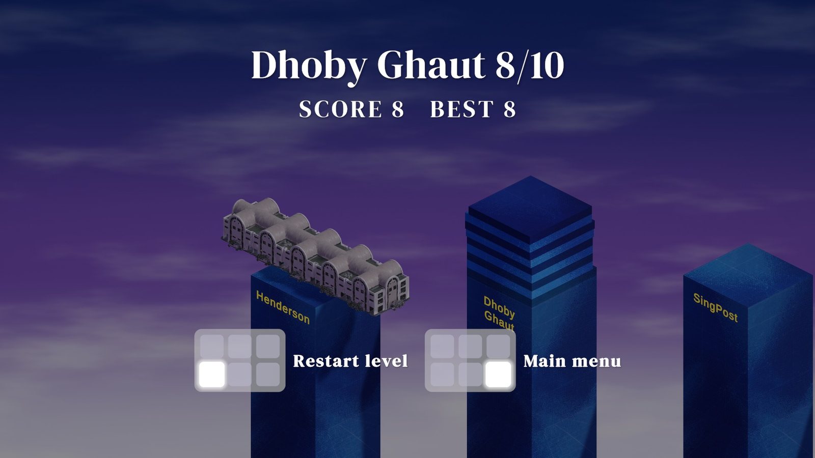 Game-over screen: Dhoby Ghaut 8/10, score 8, best 8, with keypad prompts for Restart level and Main menu